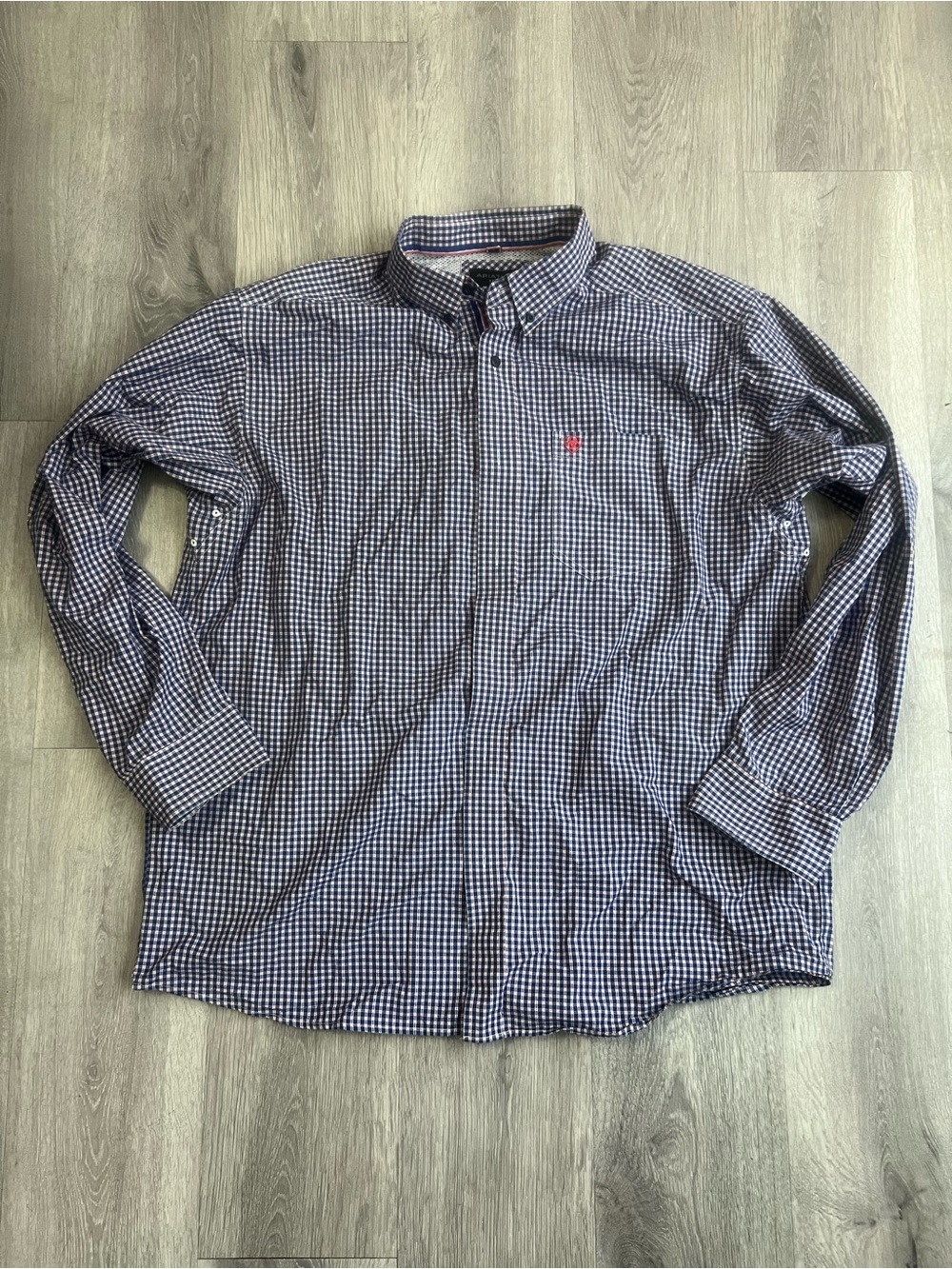 Ariat Blue and White Check Button-Down Shirt with Red Logo
